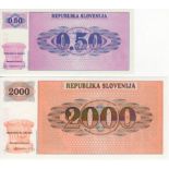 Slovenia (2), 2000 Tolarjev and 0.50 Tolarjev, printed in the early 1990's but never issued, were