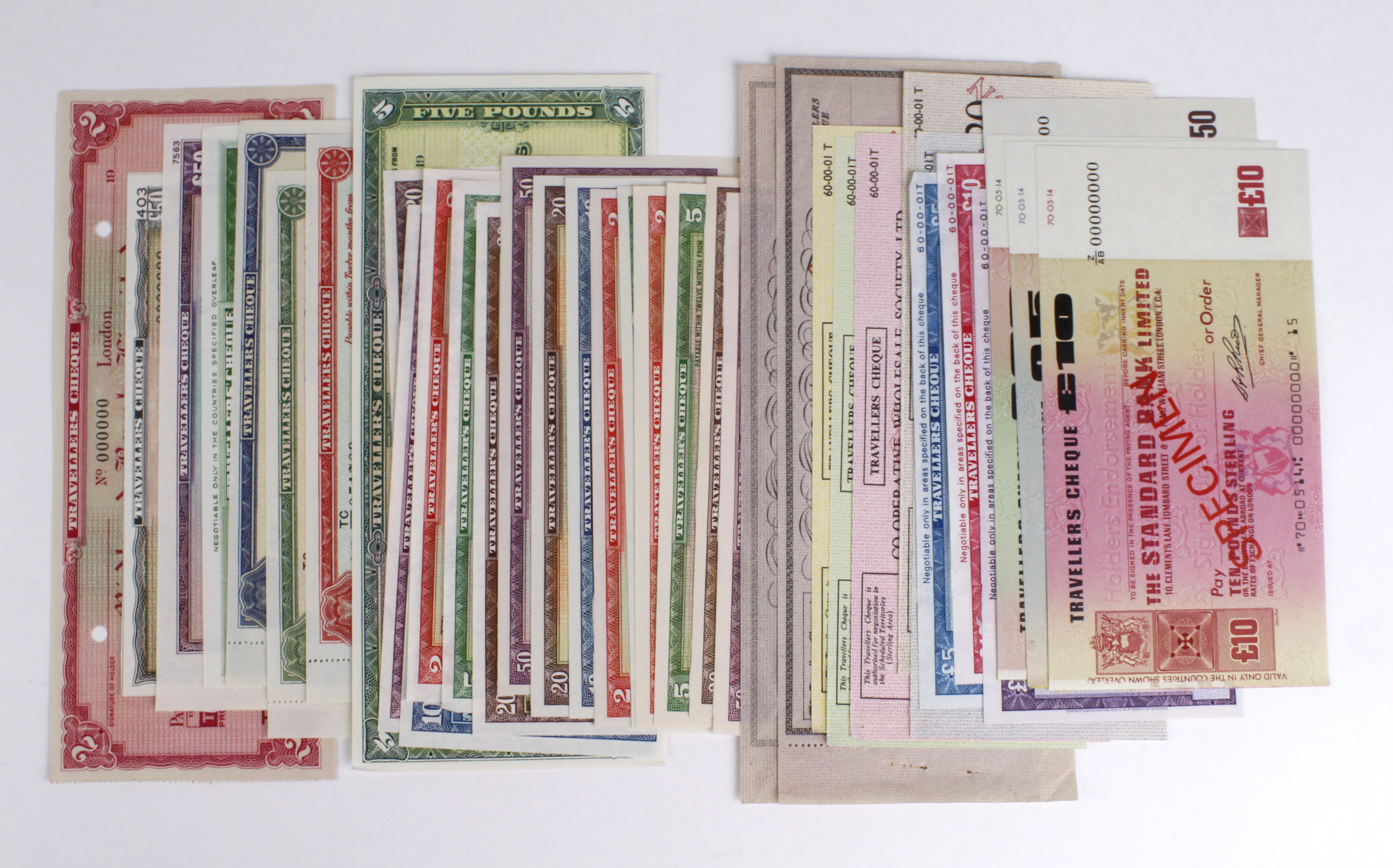 Travellers Cheques Britain (37) SPECIMENS, Co-operative Wholesale Society Ltd, Standard Bank Ltd,