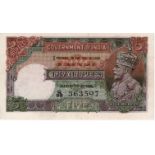 India 5 Rupees issued 1928 - 1935, signed J.W. Kelly, serial Q/59 363597 (TBB B149b, Pick15b) staple