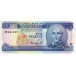 Barbados 2 Dollars issued 1986, Signed K. King, 'Z' prefix REPLACEMENT note serial Z1051977 (TBB