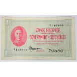 Seychelles 1 Rupee dated 7th July 1943, portrait King George VI at left, signed W.M. Logan, serial