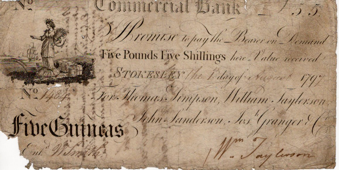 Stokesley Commercial Bank 5 Guineas dated 1797, serial No. 1484 for Thomas Simpson, William