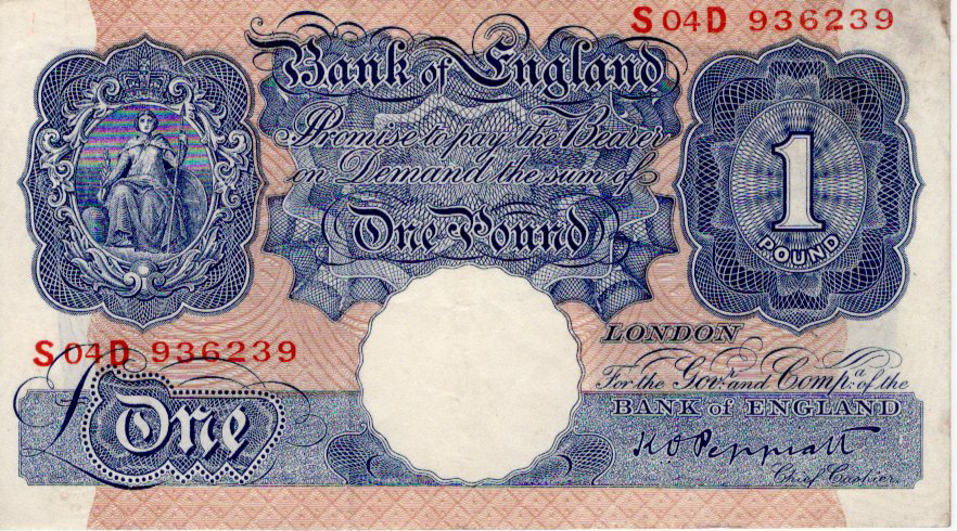 Peppiatt 1 Pound issued 1940, scarce REPLACEMENT note S04D 936239, blue WW2 emergency issue (B250,