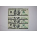 USA 100 Dollars (4) dated 2006, a range of interesting serial no's KB 263 77077 R, KB 263 77007 R,
