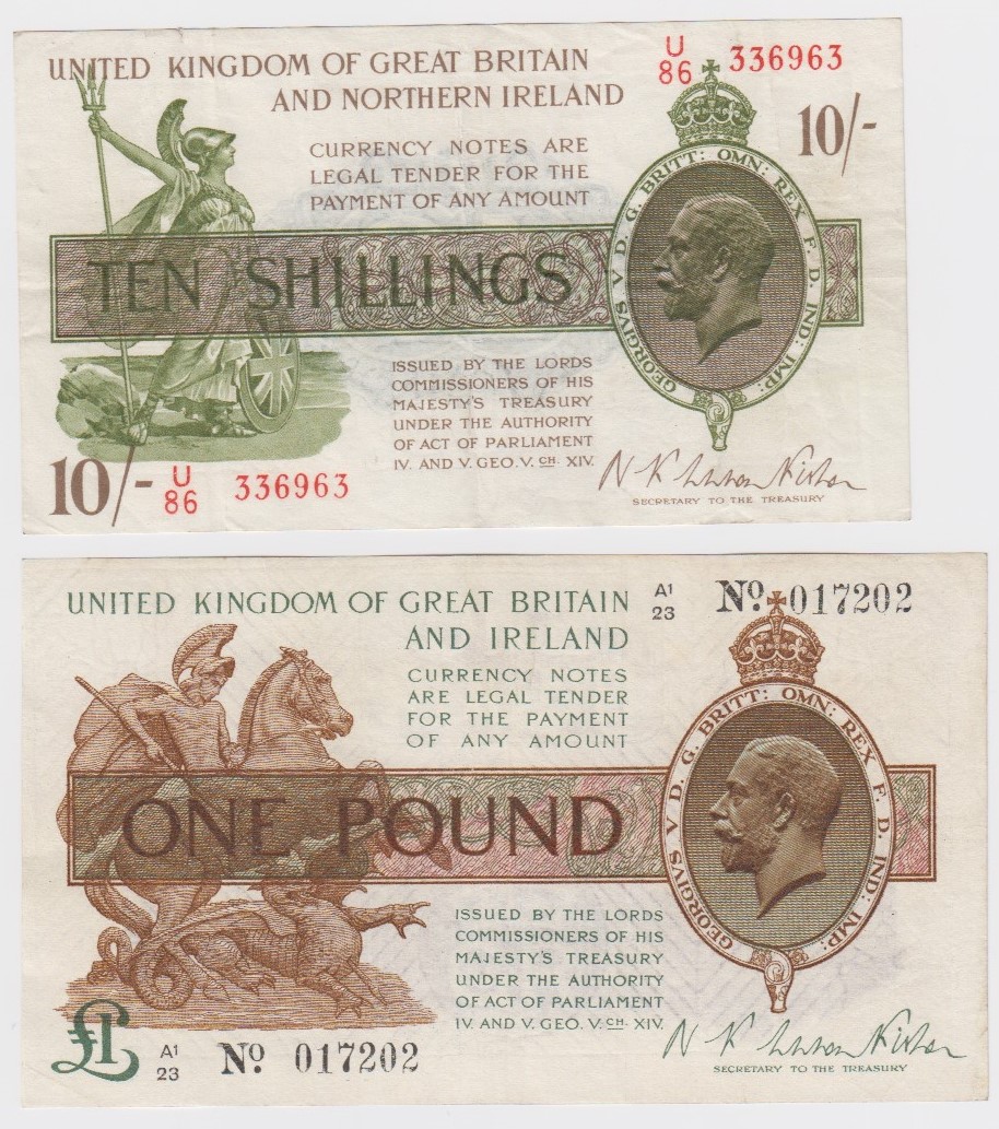 Warren Fisher (2), 10 Shillings issued 1927, serial U/86 336963, rarer Great Britain & Northern