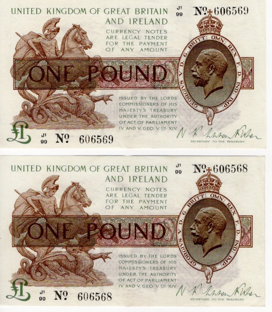 Warren Fisher 1 Pound (2) issued 1923, a very rare conecutively numbered pair with '99' prefix,