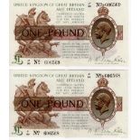 Warren Fisher 1 Pound (2) issued 1923, a very rare conecutively numbered pair with '99' prefix,