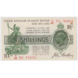 Bradbury 10 Shillings issued 16th December 1918, red serial B/86 784894, No. with dash (T20,