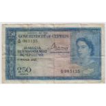 Cyprus 250 Mils dated 1st March 1957, serial A/10 065135 (TBB B133c, Pick33a) pinholes, some dirt,