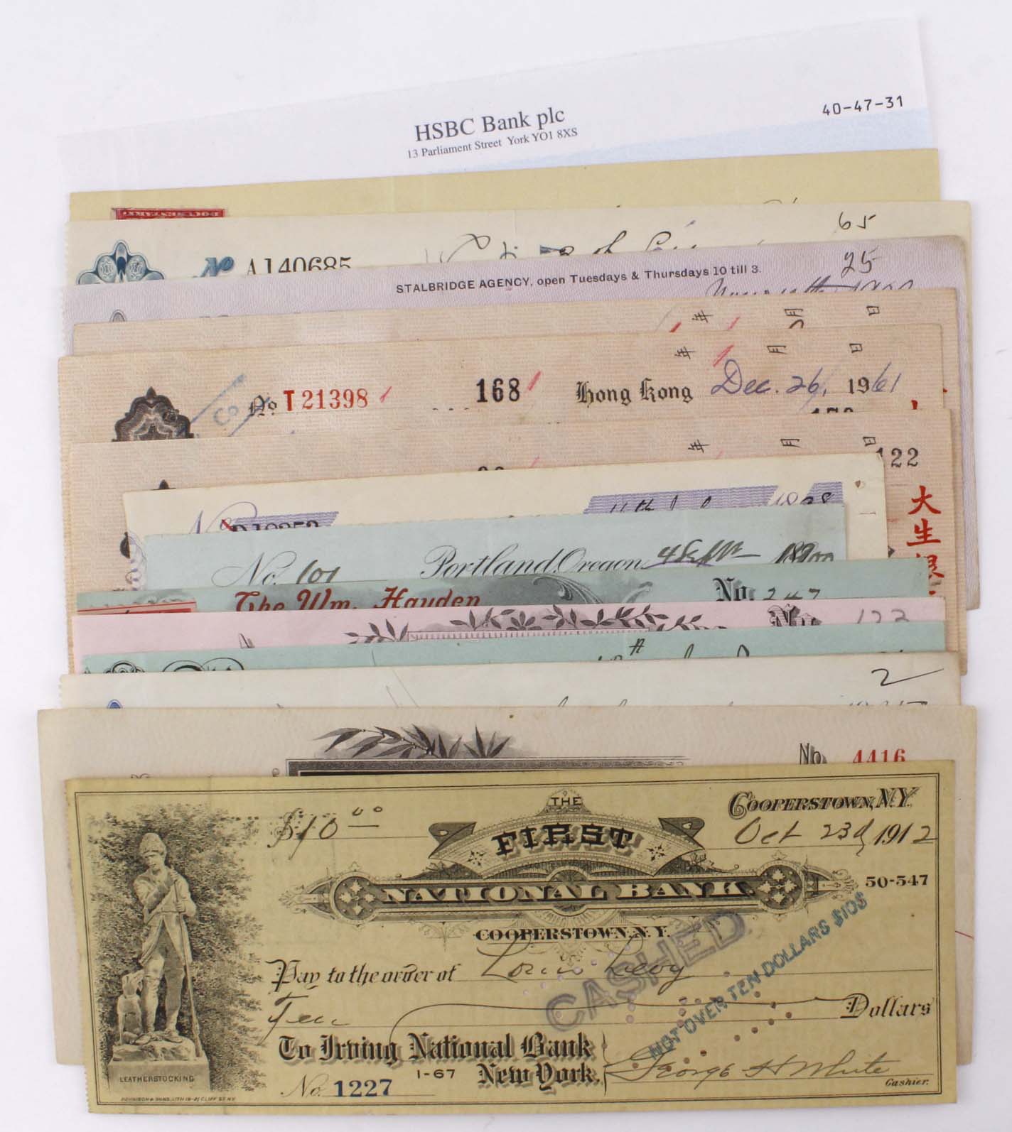 Cheques (15), including Hong Kong Tai Sang Bank, London & San Francisco Bank, First National Bank