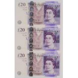 Cleland 20 Pounds (3) issued 2015, including a consecutively numbered pair serial JJ41 508163 & JJ41