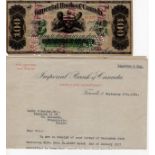 Canada 100 Dollars Imperial Bank counterfeit dated 2nd January 1917, plate A serial No.01397,