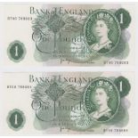 ERROR Page 1 Pound (2) issued 1970, scarce consecutively numbered pair of mismatched serial numbers,