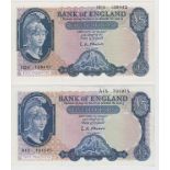 O'Brien 5 Pounds (2) issued 1957 & 1961, Lion & Key, both FIRST SERIES prefixes, serial A15 731075 &