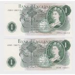 Hollom 1 Pound (2) issued 1963, a consecutively numbered pair of FIRST SERIES notes with small 'G'