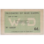 Prisoner of War camps note issued during WW2 for 6 Pence, WD (War Department) in underprint at