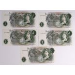 Hollom 1 Pound (5) issued 1963, a consecutively numbered run of REPLACEMENT notes, serial 52M 059006