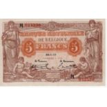 Belgium 5 Francs dated 25th January 1919, serial M 043530 (TBB B534b, Pick74b) VF