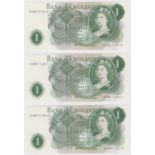 Fforde 1 Pound (3) issued 1967, a consecutively numbered run of REPLACEMENT notes, serial S46M