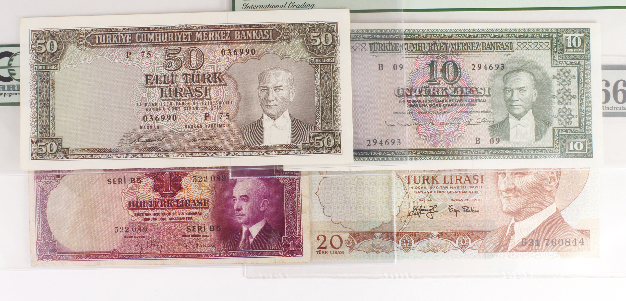Turkey (4) a small collection in third party grading plastic, 50 Lirasi issued 1971 (Law 1970) in