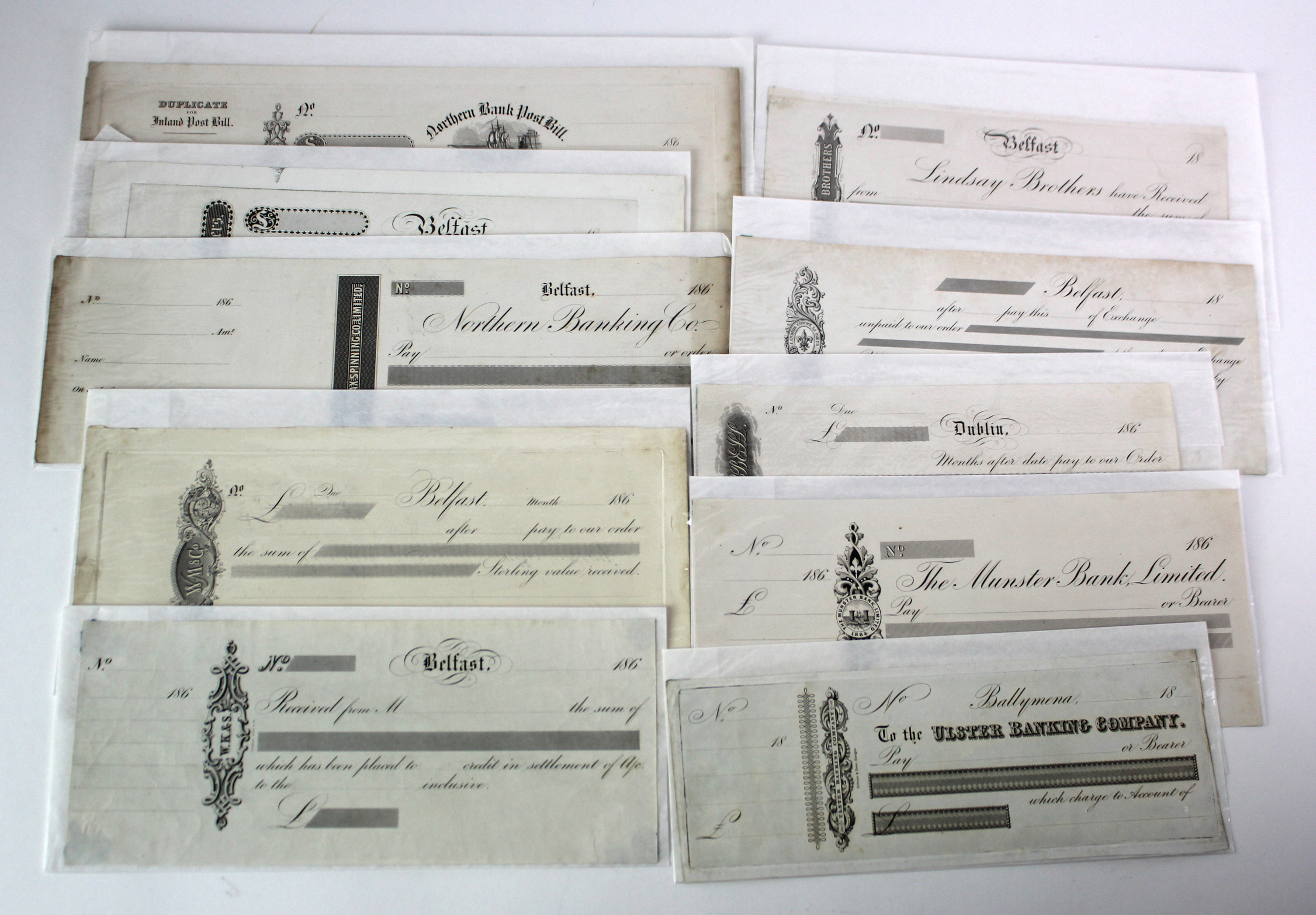 Ireland (10), a group of early large PROOFS, unissued cheques, bills of exchange and other banking