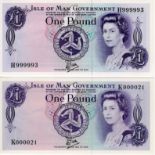 Isle of Man 1 Pound (2), 1 Pound issued 1980 with VERY HIGH serial No. H999993 and 1 Pound issued