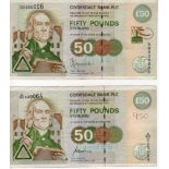 Scotland, Clydesdale Bank (2) 50 Pounds dated 22nd March 1996 with LOW SERIAL No. A/BC 000064 (PMS