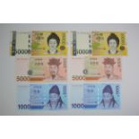 South Korea (6), 50000 Won issued 2009 (2), a consecutively numbered pair, 5000 Won issued 2006 (