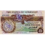 Guernsey 5 Pounds issued 1980 - 1989, signed W.C. Bull, FIRST PREFIX VERY LOW No. serial A000101, (