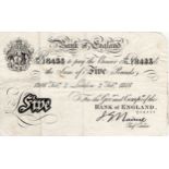 Nairne 5 Pounds dated 2nd February 1916, serial 90/D 18433, London issue (B208b, Pick304) some small