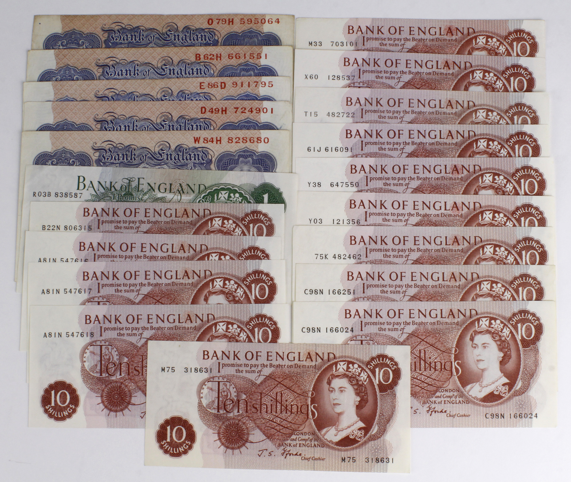 Bank of England (20), Peppiatt 1 Pound (5) issued 1940 blue WW2 emergency issue, Hollom 10 Shillings