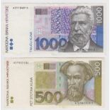 Croatia (2), 1000 Kuna dated 1993 serial A0110481E (TBB B408a, Pick35a), 500 Kuna dated 1993