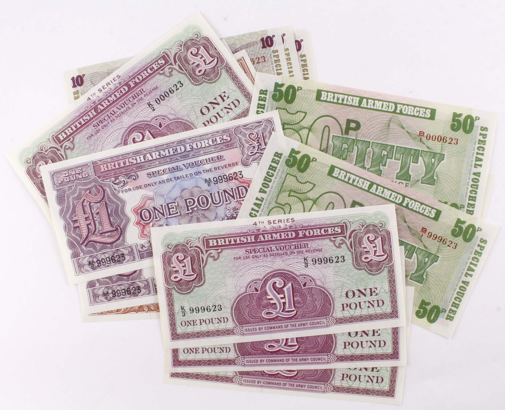 British Armed Forces (23), 2 sets of notes with MATCHING last 3 digit LOW & HIGH serial numbers,