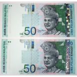 Malaysia 50 Ringgit (2) issued 2001, a consecutively numbered pair of REPLACEMENT notes, serial ZD