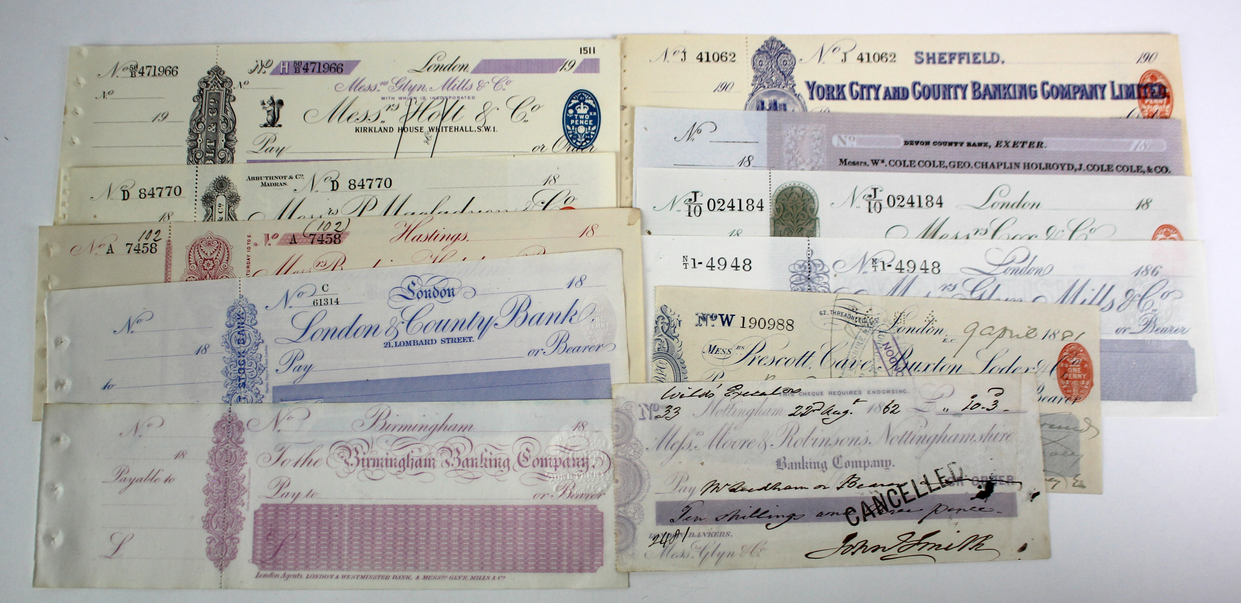 Cheques (11), a bundle of large unnissued GB cheques complete with counterfoils (9) most from 19th