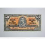 Canada 50 Dollars dated 2nd January 1937, portrait King George VI at centre, signed Coyne &