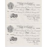 Beale 5 Pounds (2) dated 20th January 1951, a consecutively numbered pair, serial T67 086660 & T67