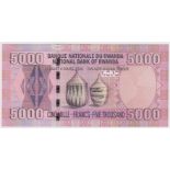 Rwanda 5000 Francs dated 1st February 2009, 'XX' prefix REPLACEMENT note, serial XX 0214768 (TBB
