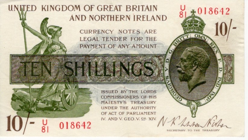 Warren Fisher 10 Shillings issued 1927, serial U/81 018642, Great Britain & Northern Ireland
