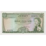 Jersey 1 Pound issued 1963, scarce ERROR - no signature, serial B098701 (TBB B108b, Pick8c) VF