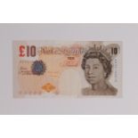 ERROR Lowther 10 Pounds issued 2000, large ink smudge over Queen Elizabeth portrait, serial AK73