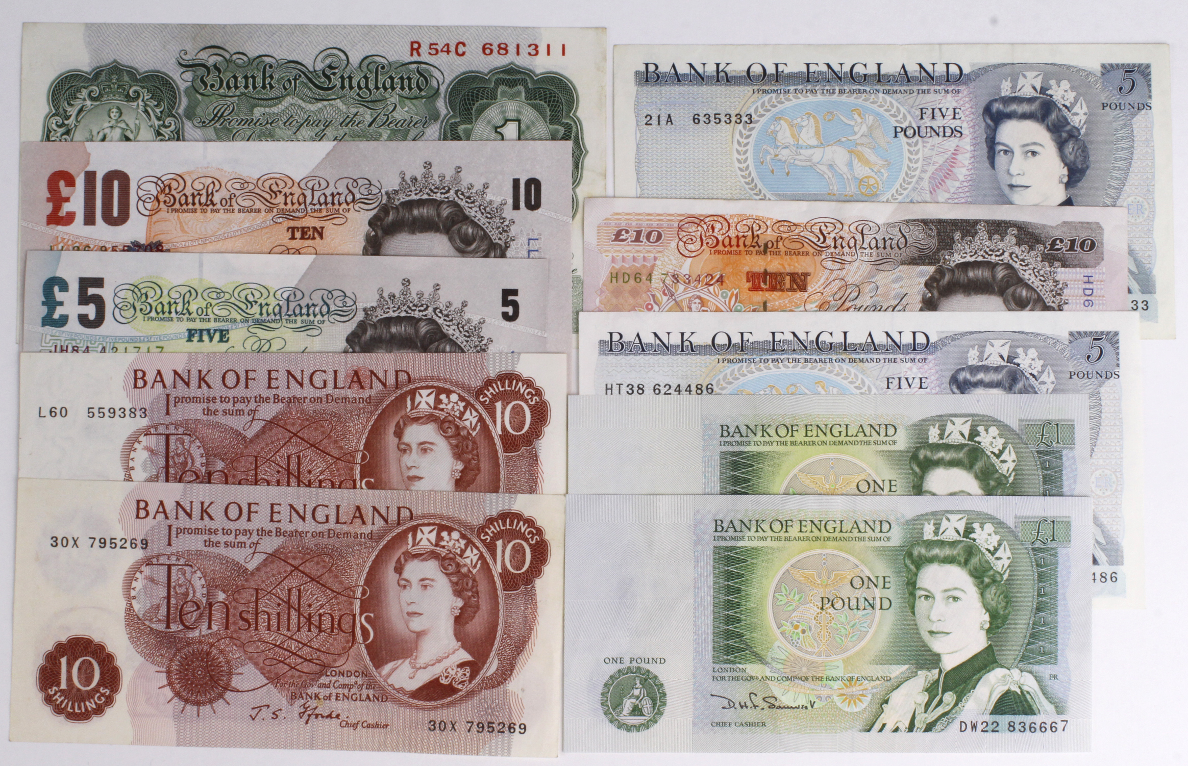 Bank of England (10), Beale 1 Pound, Hollom 10 Shillings, Fforde 10 Shillings, Page 5 Pounds,