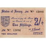 Jersey 2 Shillings issued 1941 - 1942, German Occupation issue during WW2, serial No. 13094 (TBB