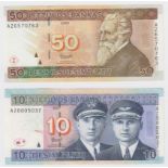 Lithuania (2) 50 Litu and 10 Litu dated 2003 and 2007, a pair of REPLACEMENT notes with 'AZ' prefix,
