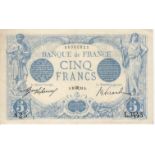 France 5 Francs dated 1913, serial L.3443 825, (Pick70) one set of staple holes otherwise EF+ and