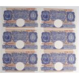 Peppiatt 1 Pound (6) issued 1940, blue WW2 emergency issue, a consecutively numbered run serial T07D