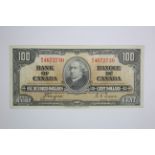 Canada 100 Dollars dated 2nd January 1937, signed Coyne & Towers, serial B/J 4672730 (TBB B327c,