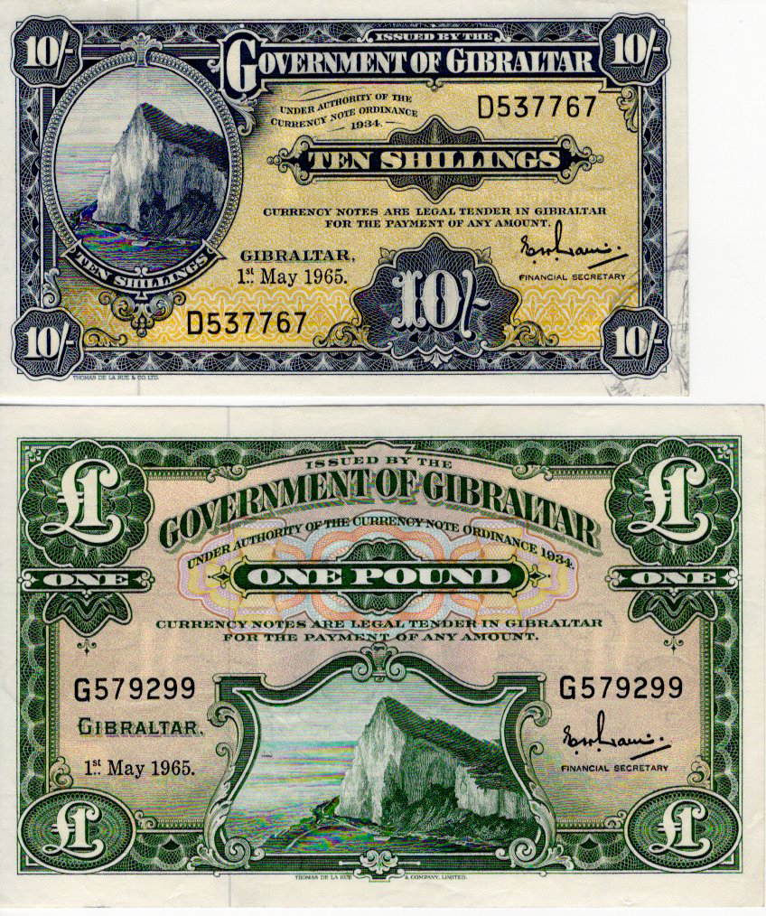 Gibraltar (2), 1 Pound and 10 Shillings dated 1st May 1965, serial G579299 & D537767, Rock of