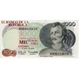 Colombia 1000 Pesos dated 1st April 1979, scarce 'R' prefix REPLACEMENT note, serial R000119610 (TBB