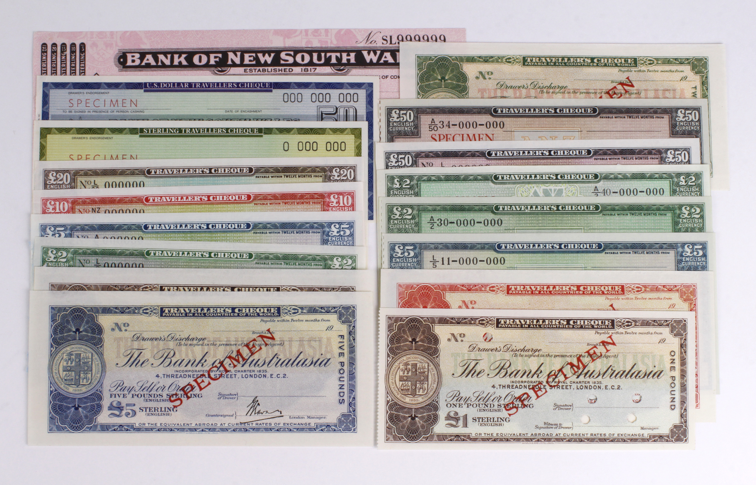 Travellers Cheques Australia (16) SPECIMENS, Australia and New Zealand Bank Ltd, The Bank of